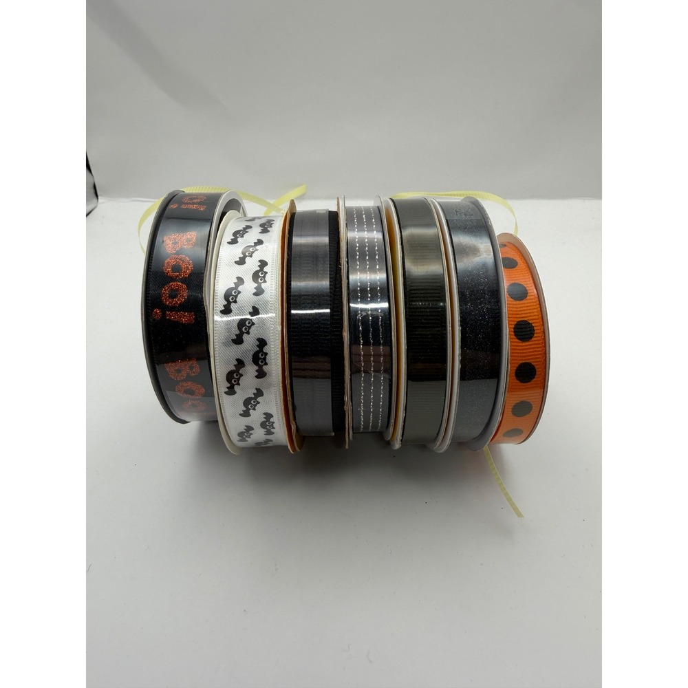 Halloween Ribbon Bundle 7 Spools Bats Boo Polka Dots Black Orange Crafting DIY